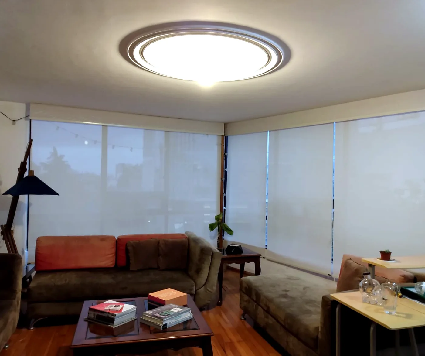 Persiana Filtro Ligero en los ventanales de una sala, con luz natural filtrada